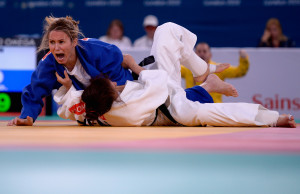 LONDON, ENGLAND - AUGUST 31: Daniele Bernardes Milan of Brazil celebrates after winning bronze medal at Women's 63kg Judo competition on day 2 of the London 2012 Paralympic Games at ExCel on August 31, 2012 in London, England. (Photo by Dennis Grombkowski/Getty Images)