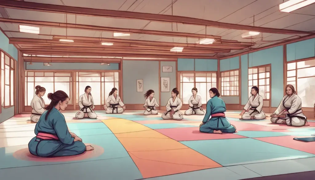 Mulheres de diversas etnias treinando Jiu-Jitsu em uma academia espaçosa e bem iluminada, ideal para ilustrar a escolha de uma academia adequada.