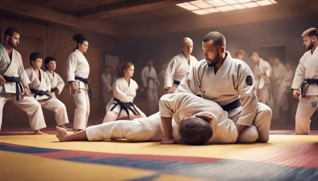 Mestre de Jiu Jitsu Brasileiro ensinando técnicas de defesa pessoal em um dojo, destacando a origem e o impacto do esporte.