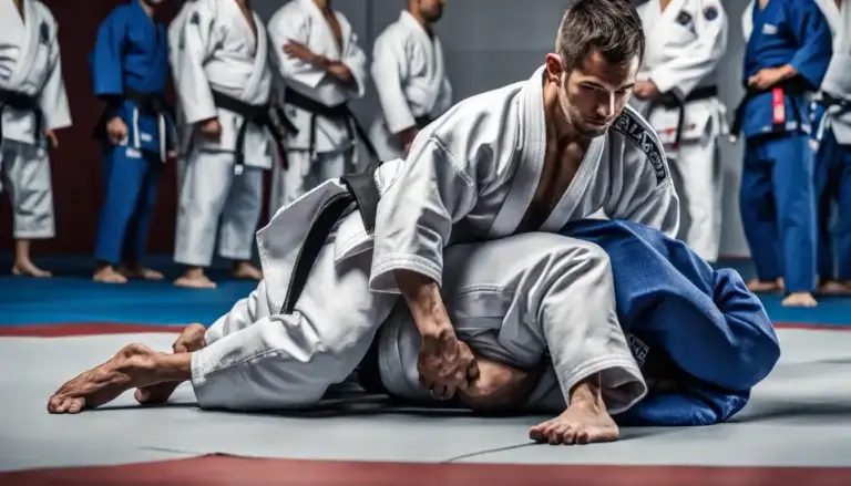 Academia de Jiu Jitsu com lutadores treinando em tatame azul, usando kimonos brancos e azuis com faixas preta e azul.