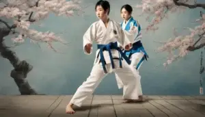 Dois praticantes de Jiu Jitsu em kimonos brancos lutam em uma antiga escola de artes marciais japonesa cercada por cerejeiras em flor.