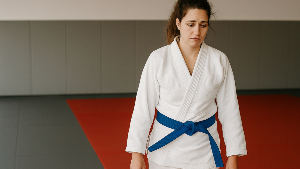 mulher pensativa com kimono de jiu-jitsu