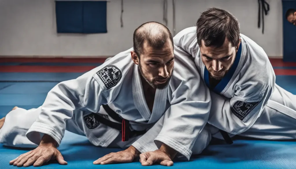 Dois praticantes de Jiu Jitsu executando um armlock em um dojo, ilustrando golpes essenciais para iniciantes