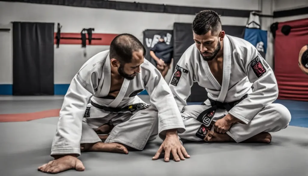 Dois praticantes de Jiu Jitsu No Gi treinando em um tatame, um aplicando uma chave de braço, com outros treinando ao fundo e um relógio de parede visível.