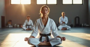 Atleta feminina de jiu-jitsu com kimono branco praticando técnica de respiração antes da competição em ambiente de academia iluminada
