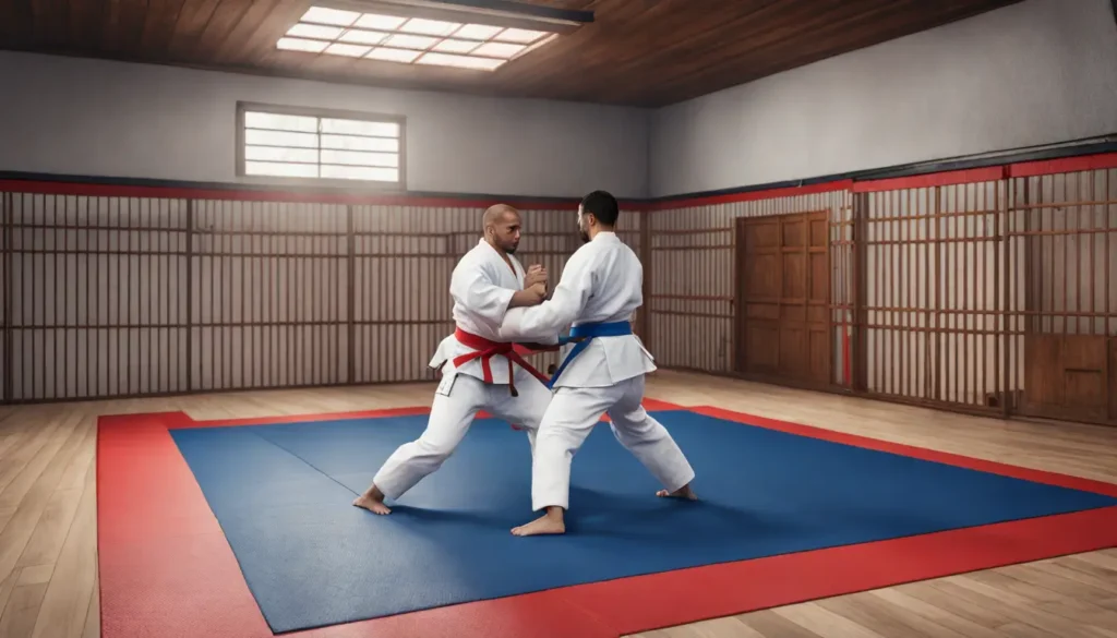 Imagem mostrando a diferença entre Judô e Jiu Jitsu em um dojo, com um praticante de judô executando um arremesso e um de jiu-jitsu aplicando uma técnica de solo.