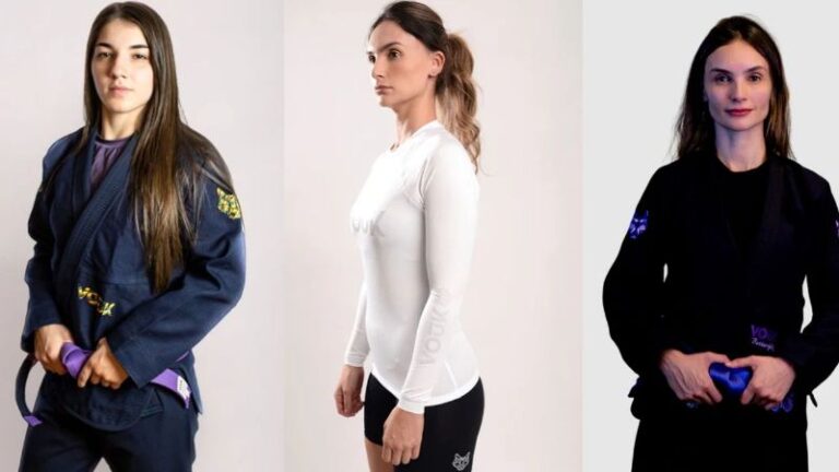 Mulheres treinando jiu-jitsu no tatame vestindo roupas adequadas e uniformes bem cuidados, ambiente limpo e organizado, tremendo respeito e concentração no rosto