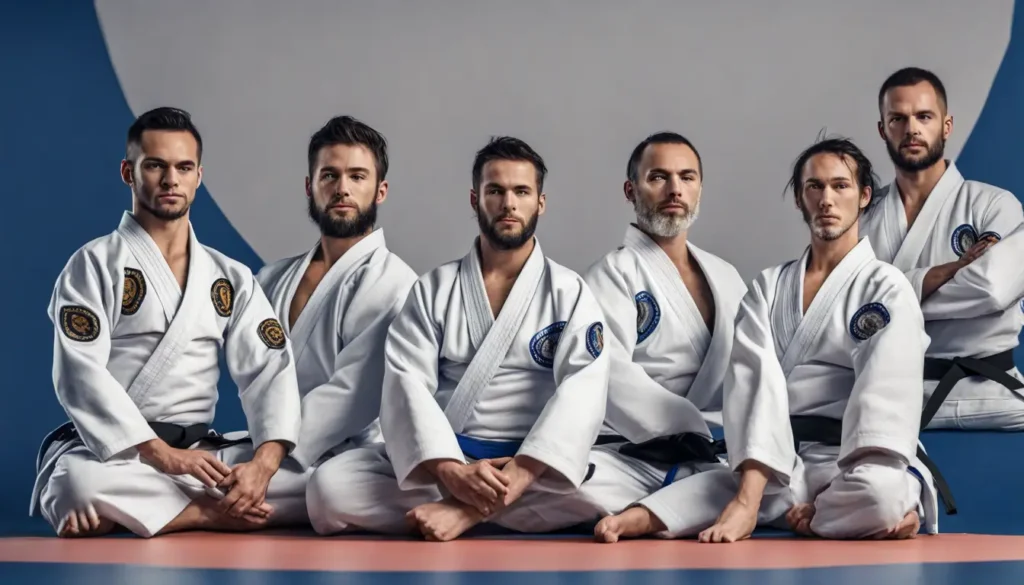 Imagem de oito faixas coral de Jiu Jitsu dispostas em círculo sobre um tatame azul, com um kimono branco dobrado no centro.