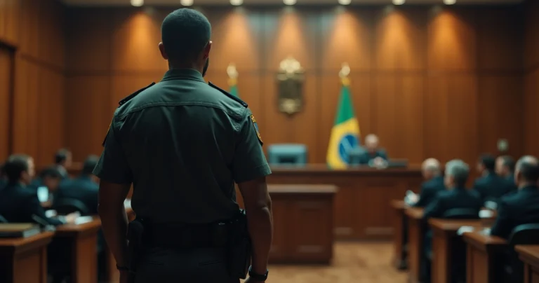 Silhueta de policial militar diante de tribunal do júri iluminado