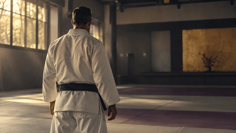 Homem adulto de costas, de kimono branco e faixa preta, em pé sobre o tatame de uma academia vazia