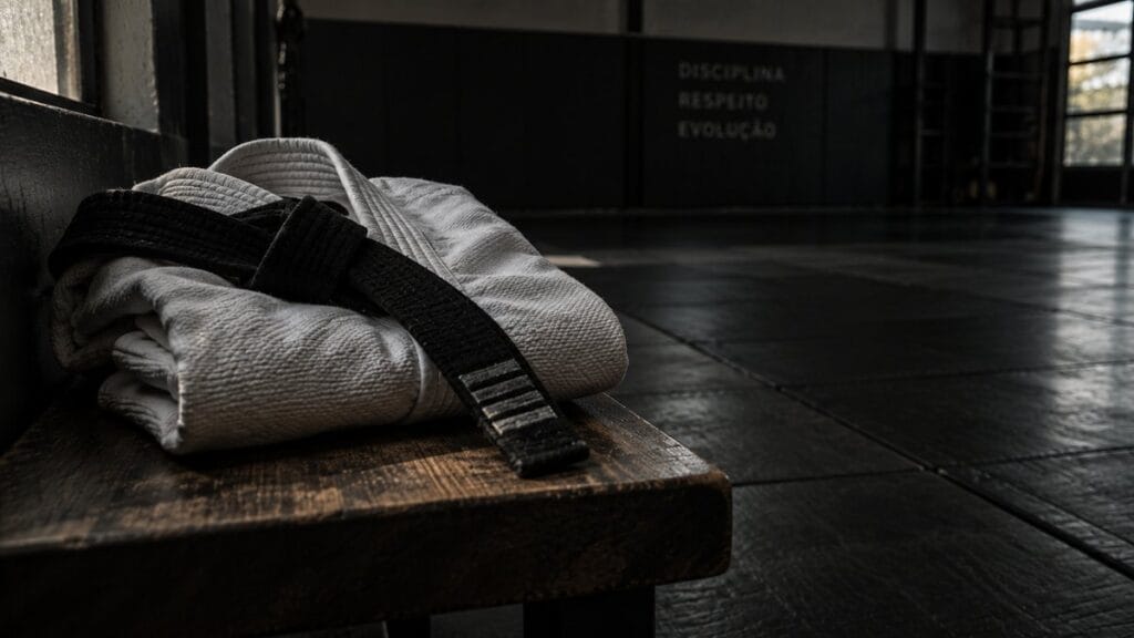 Kimono branco dobrado com faixa preta sobre um banco de madeira, numa academia de jiu-jitsu vazia e com pouca luz